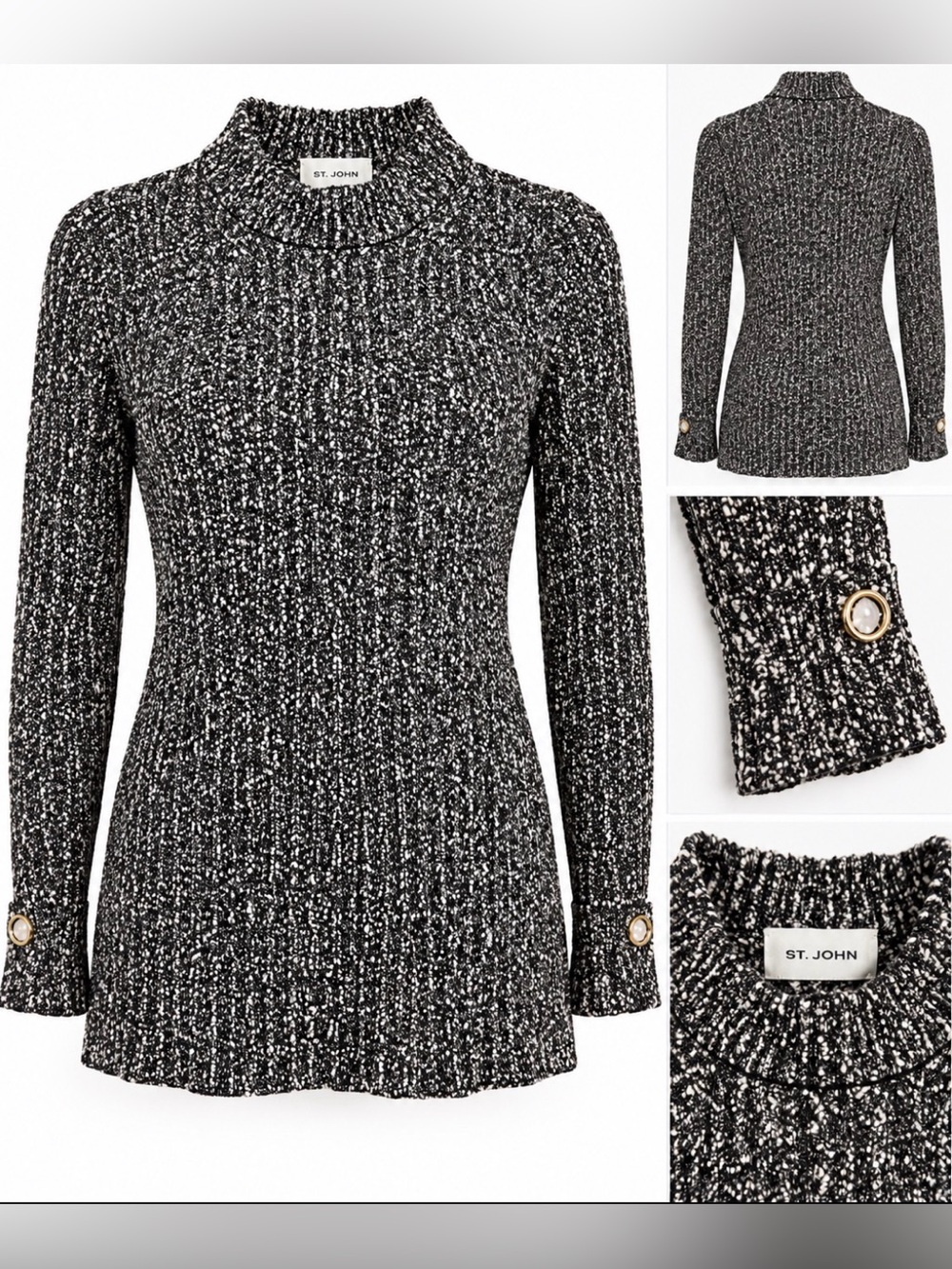 St. John Black White Boucle Knit Turtleneck Sweater Gold Buttons M